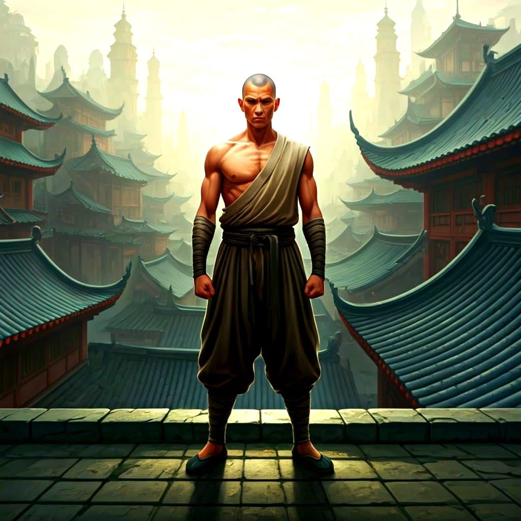 Warrior Monk Overlooking Fantasy City, Abstract Art