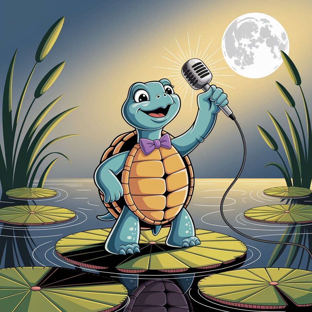 Singing Turtle in Moonlit Pond Illustration