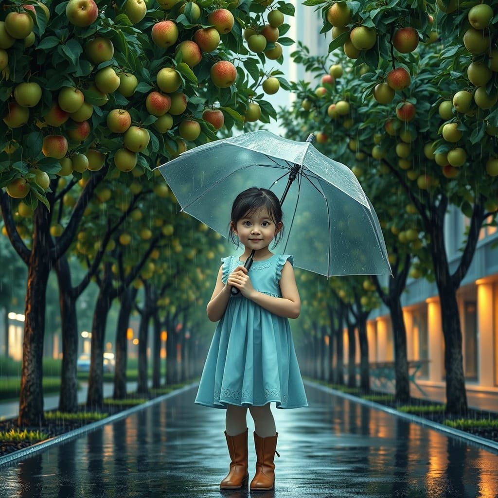 Young Girl Finds Solace in Apple Alley on a Rainy Day