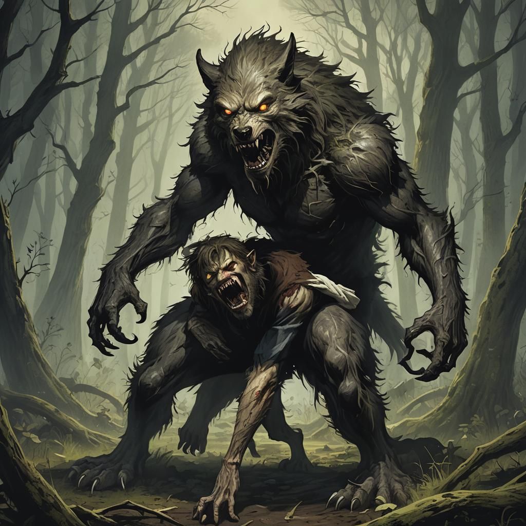 Werewolf Transformation in Spooky Forest Clearing