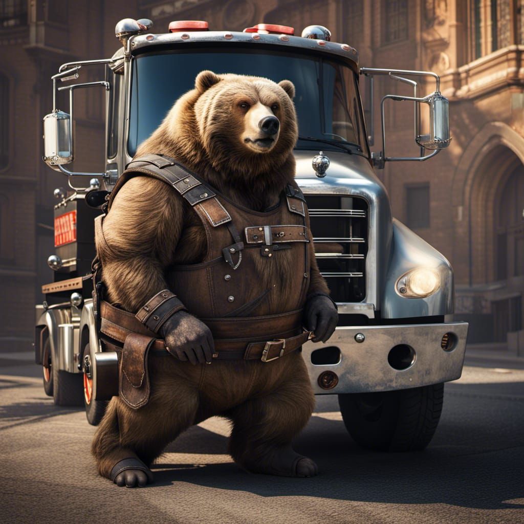 Badass Grizzly Bear Tow Truck Driver in Medieval Setting