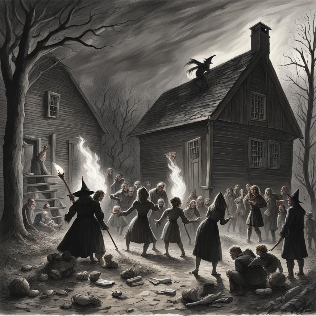 Sinister Witch Trial Scene in Puritan Village