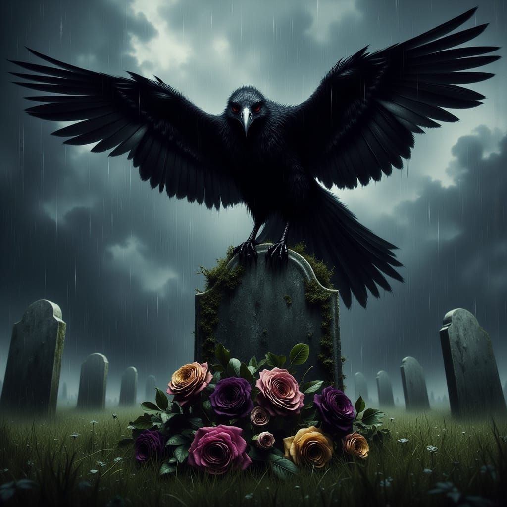 Darkly Magical Raven Perched on a Tombstone