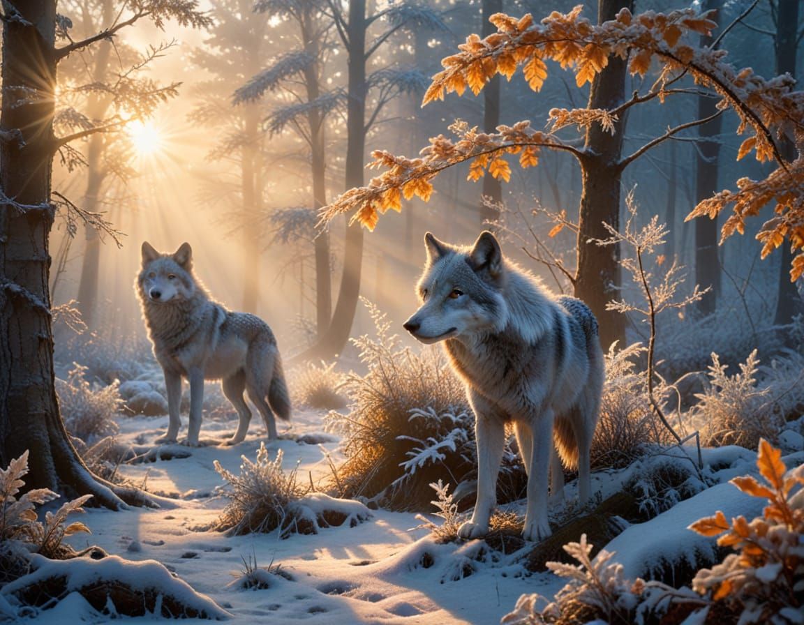 A Radiant Wolf in a Frost-Kissed Dawn Forest