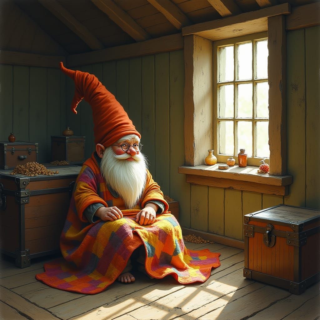 Gnome Wrapped in Quilt in Cozy Attic