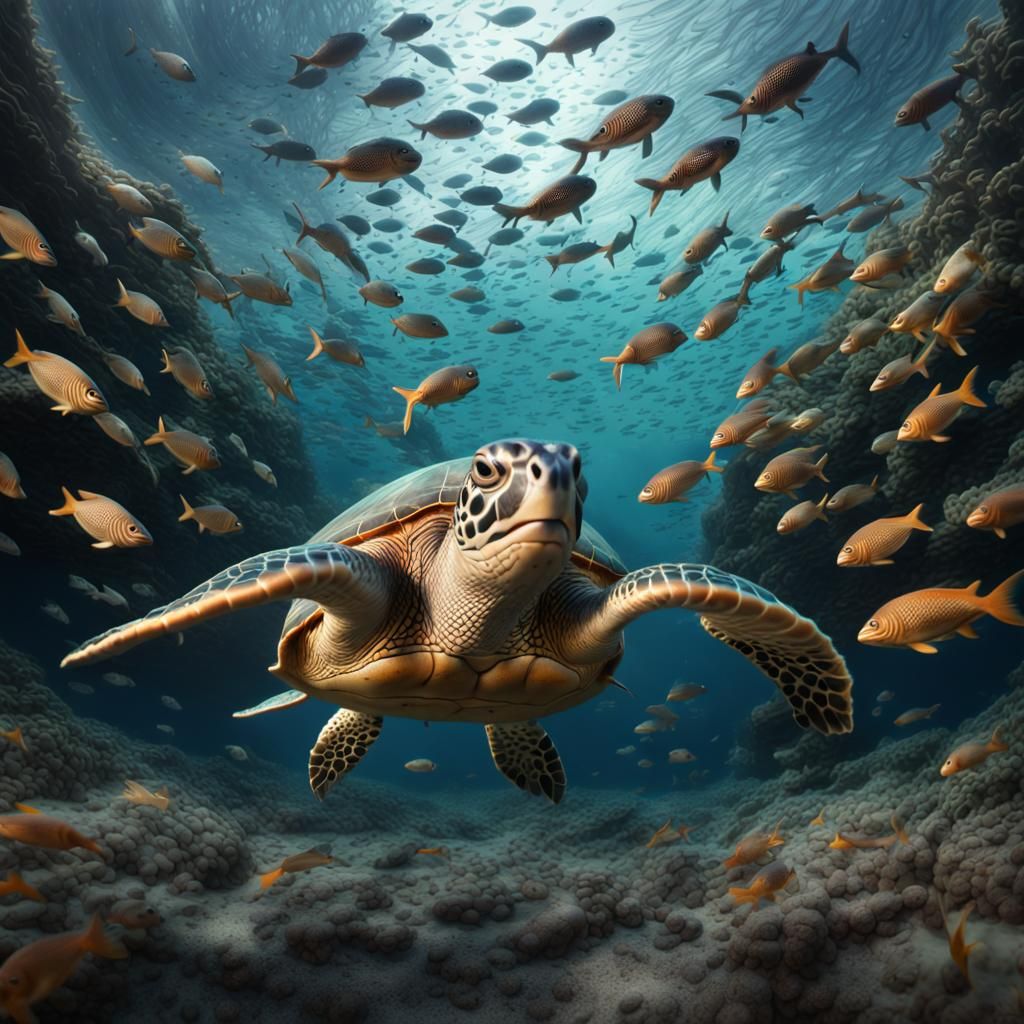 Sea Turtle and School of Fish: Digital Matte Painting