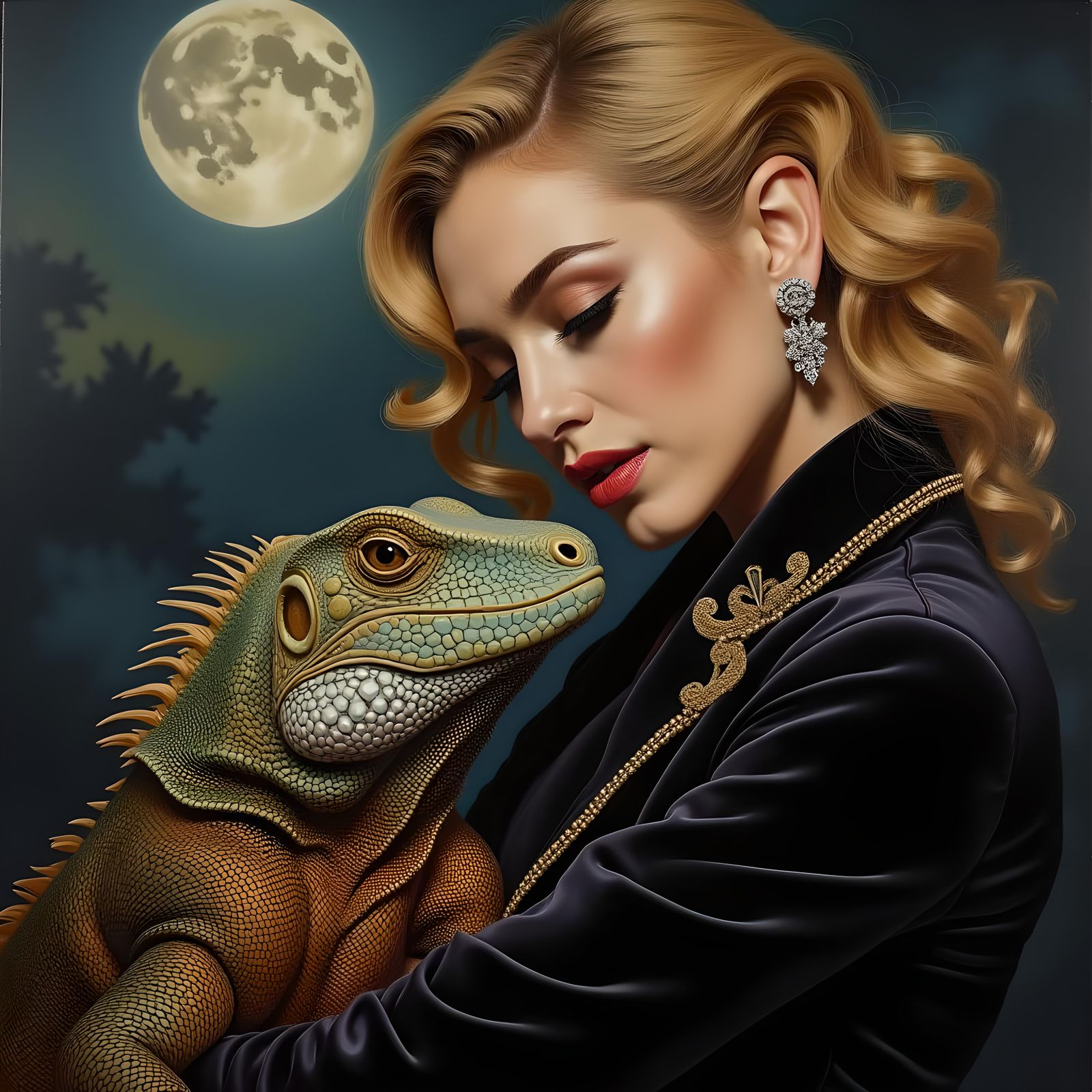 Madonna Portrait with Iguana in Oil Painting Style