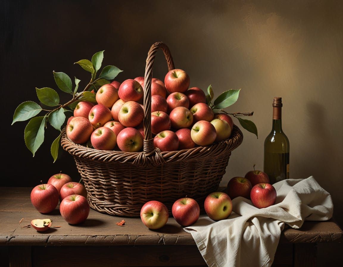 Red Apples in a Wicker Basket, in the Style of 17th Century....