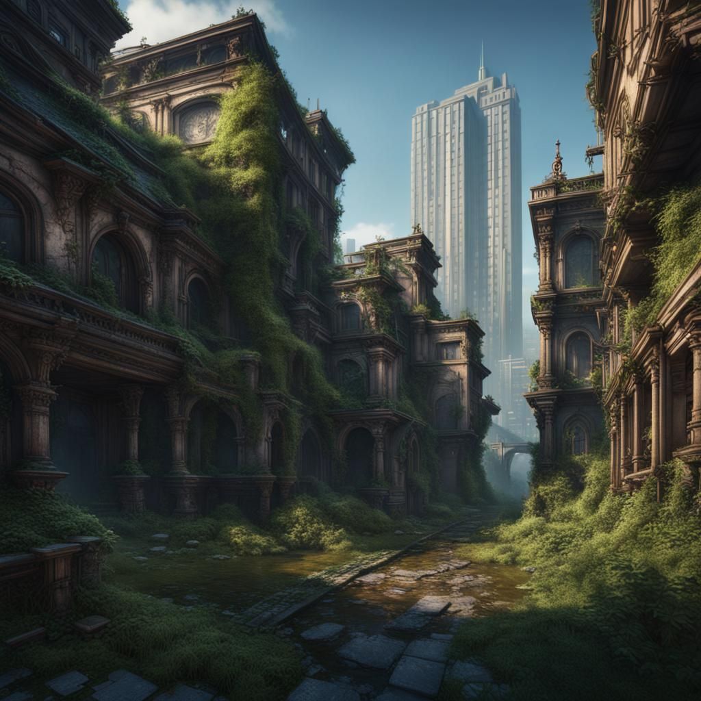 Overgrown City in Detailed Matte Painting Style