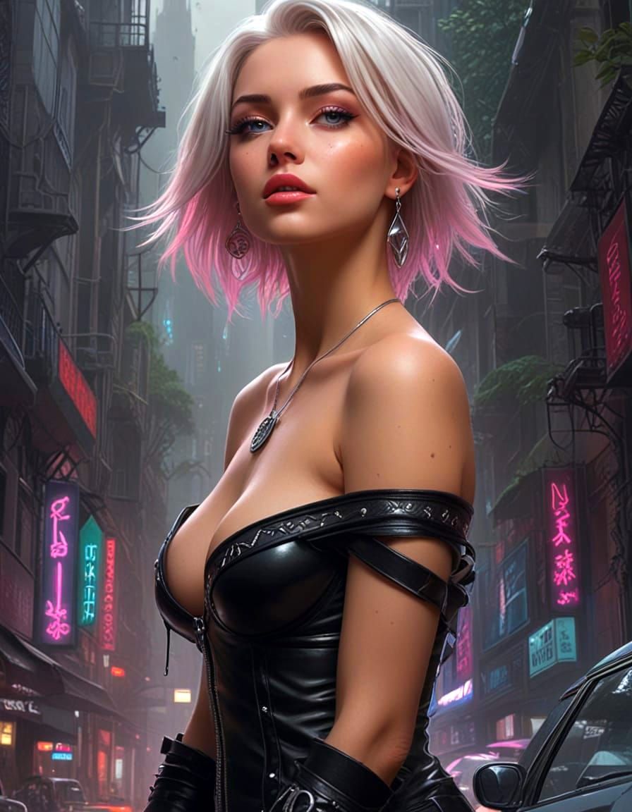 Valkyrie Beauty: Platinum Hair in Neon Cityscape