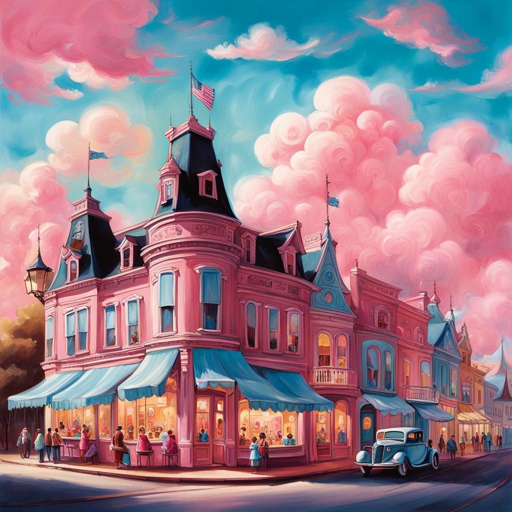 Whimsical Victorian Main Street Sketch with Surreal Characte...