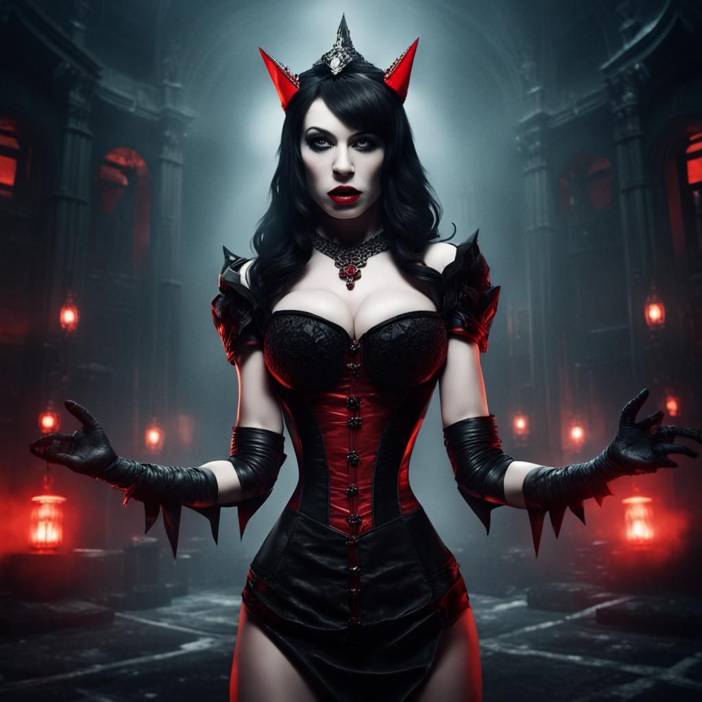 Gothic Woman Bathed in Sunset Light, Hyperrealistic Renderin...