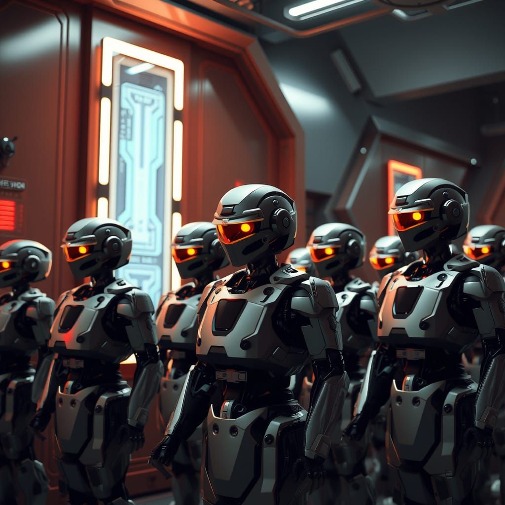 Futuristic Humanoid Combat Robots in Sci-Fi Hall