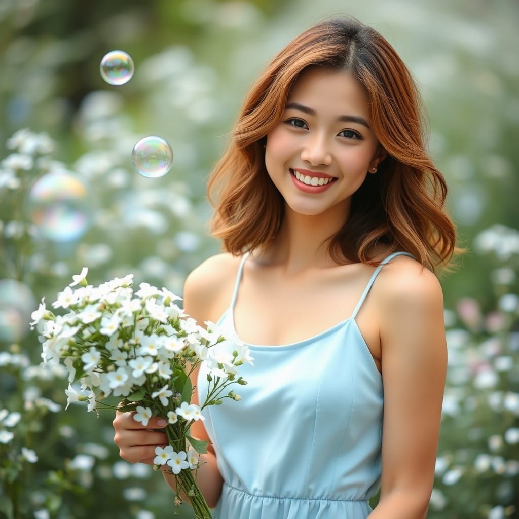 Smiling Japanese Woman in Forget-me-not Garden
