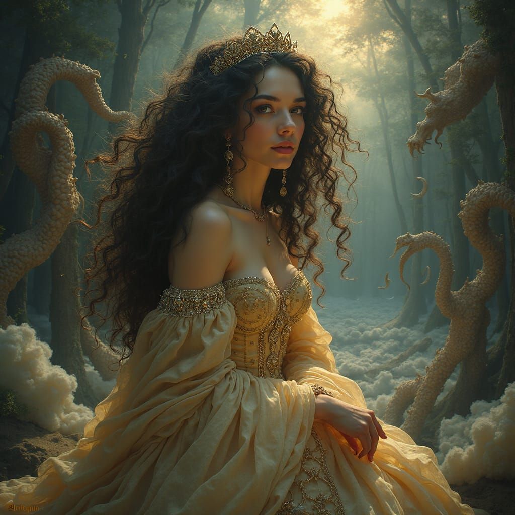 Surreal Renaissance Queen in Mysterious, Dreamlike Setting
