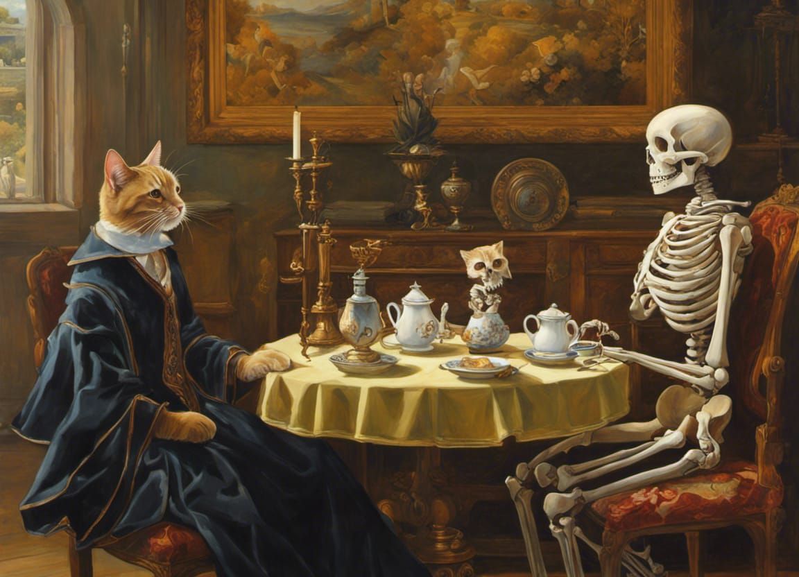 Cat and Skeleton Coffee Break in Renaissance Style