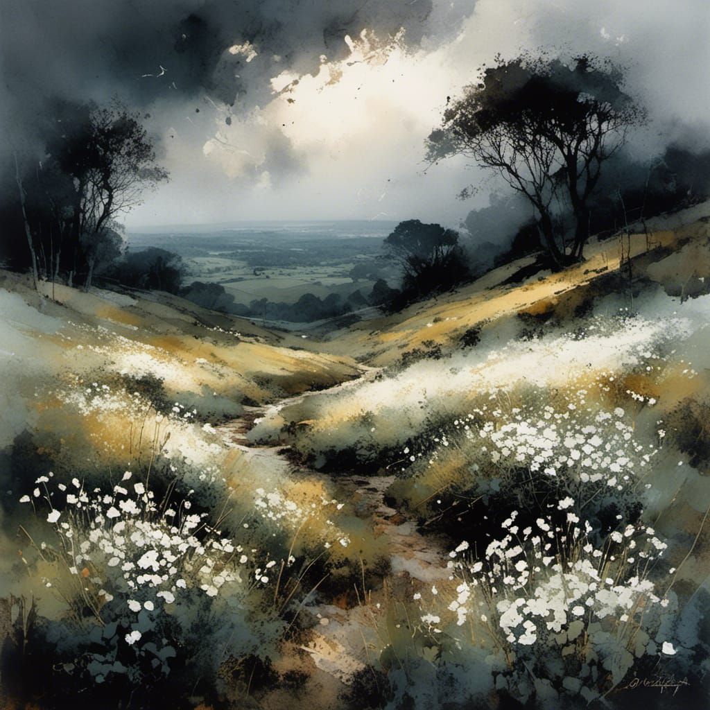 Haunting Landscape with White Blooms Under Darkening Stormy ...