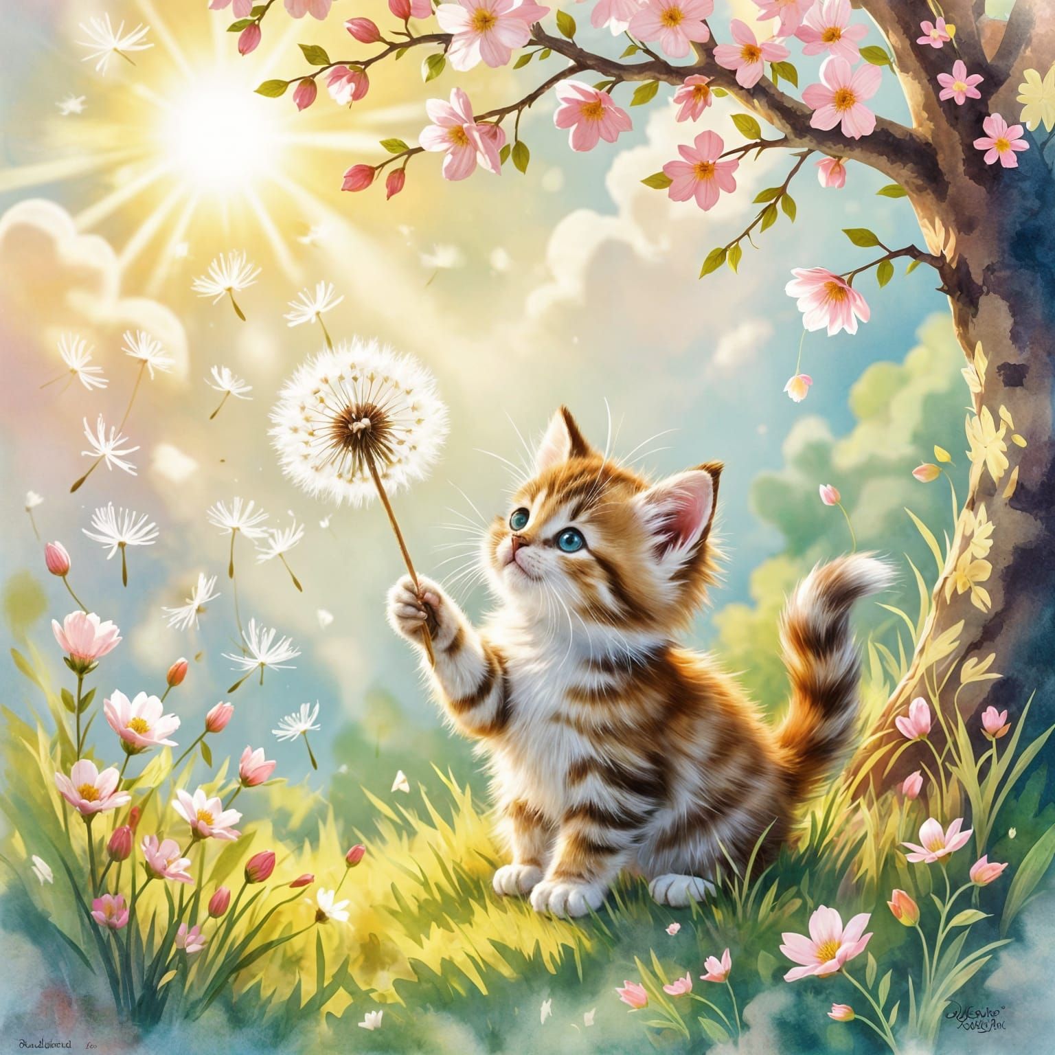 Kitten's Whimsical Dance with Dandelion Seed in Watercolor