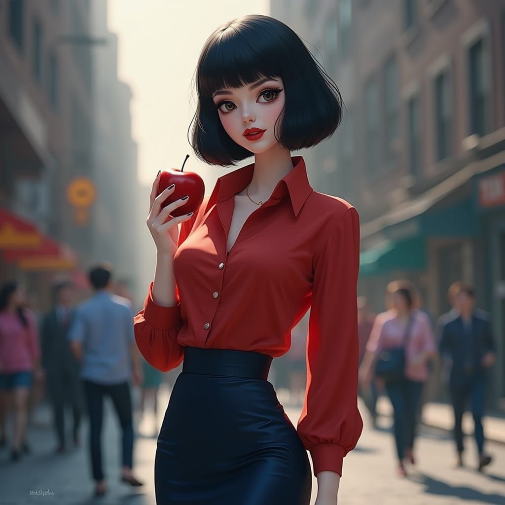 Snow White in Elegant Red Silk and Dark Blue