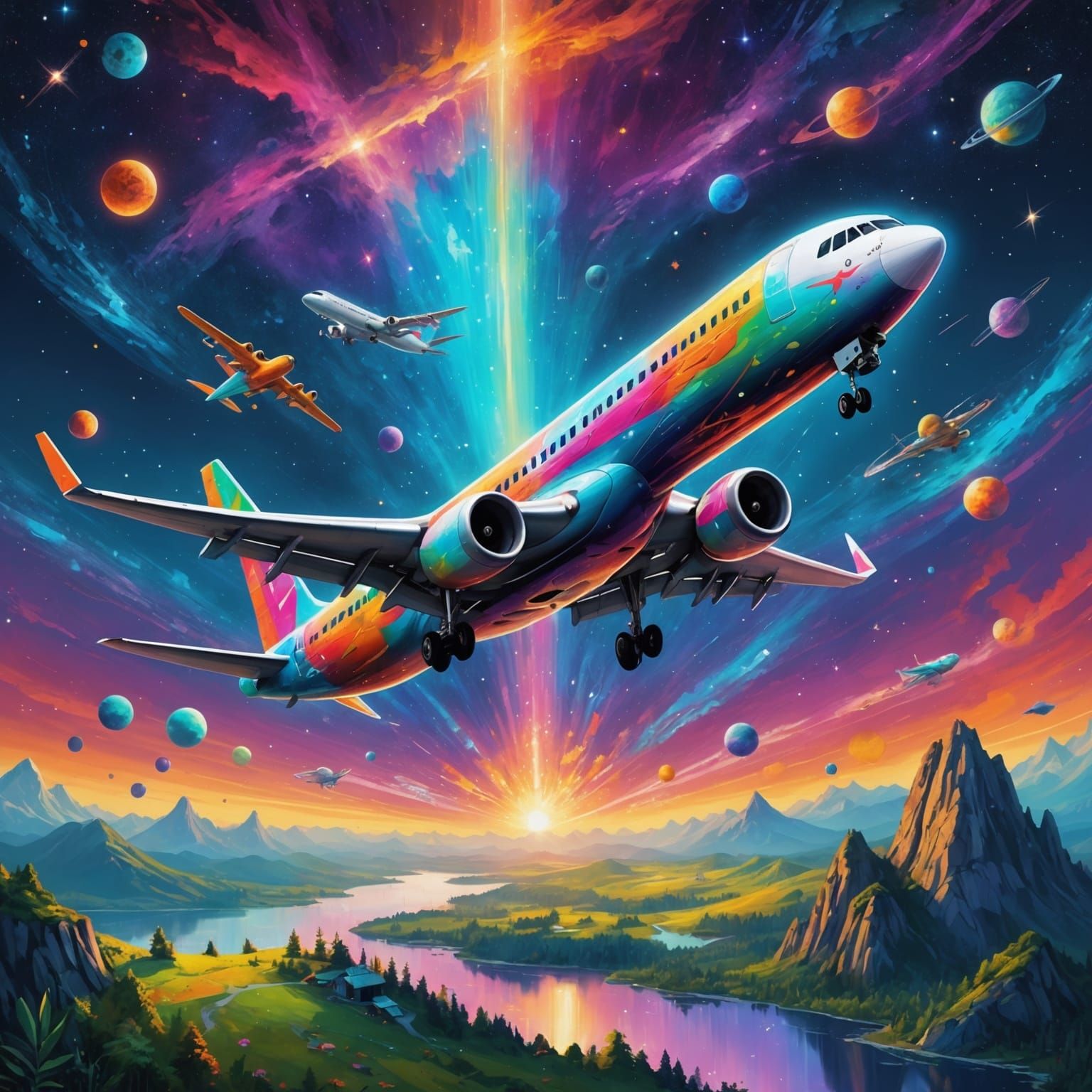 Magical Colorful Airplane in Astral Illustration Style