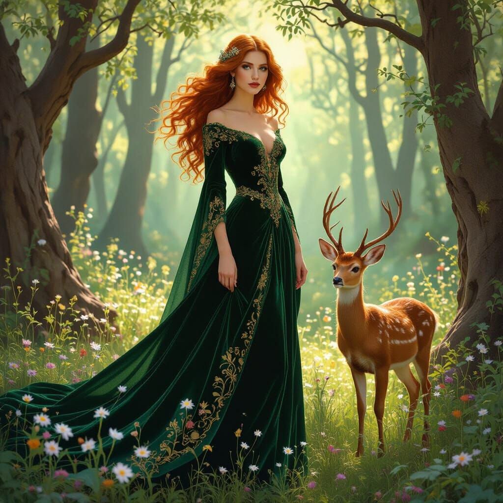 Elegant Woman in Emerald Gown in Mystical Forest
