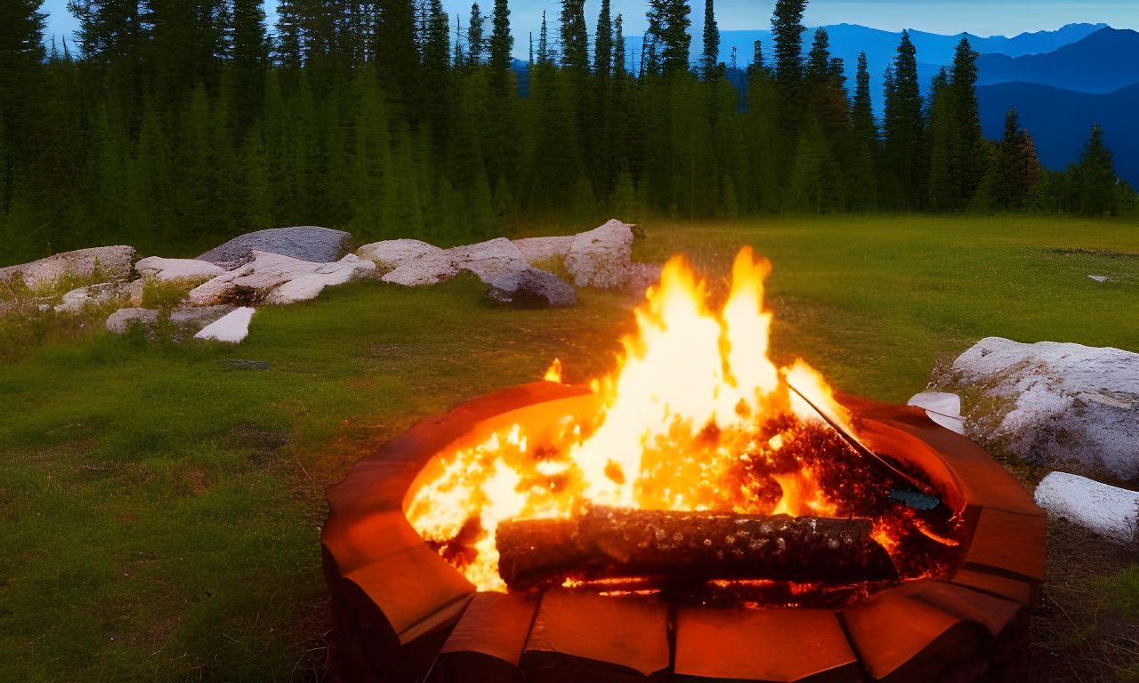 Create an image of a mesmerizing fire pit in a campfire style, with intricate details that capture the viewer's attentio...