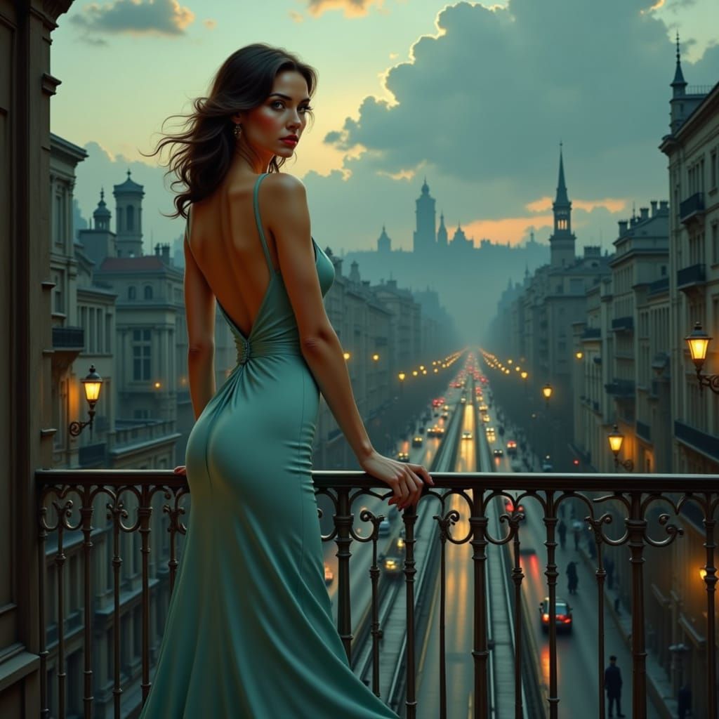 Woman on Balcony Overlooking City at Dusk