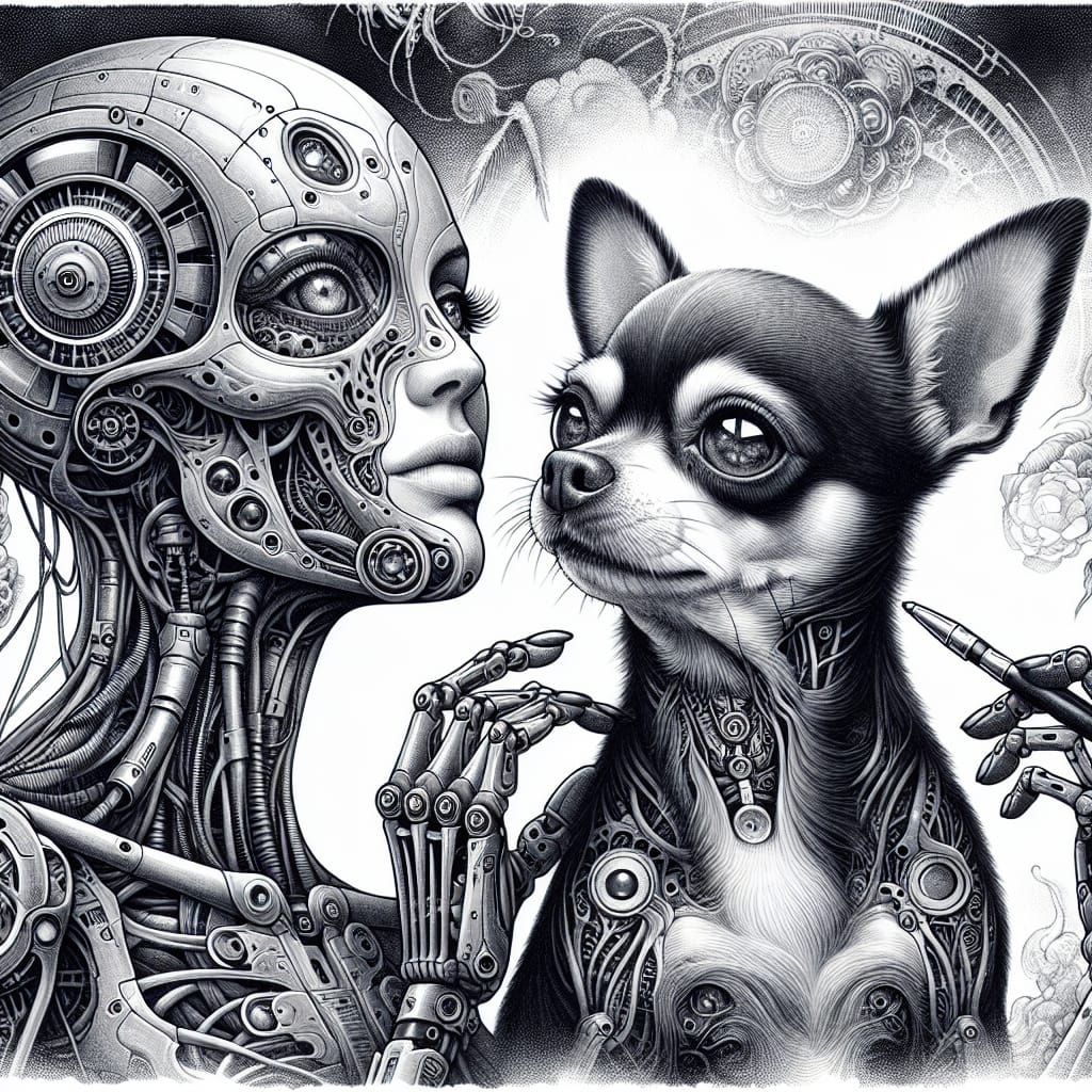 Monochromatic Biomechanical Alien Woman with Cyber Chihuahua
