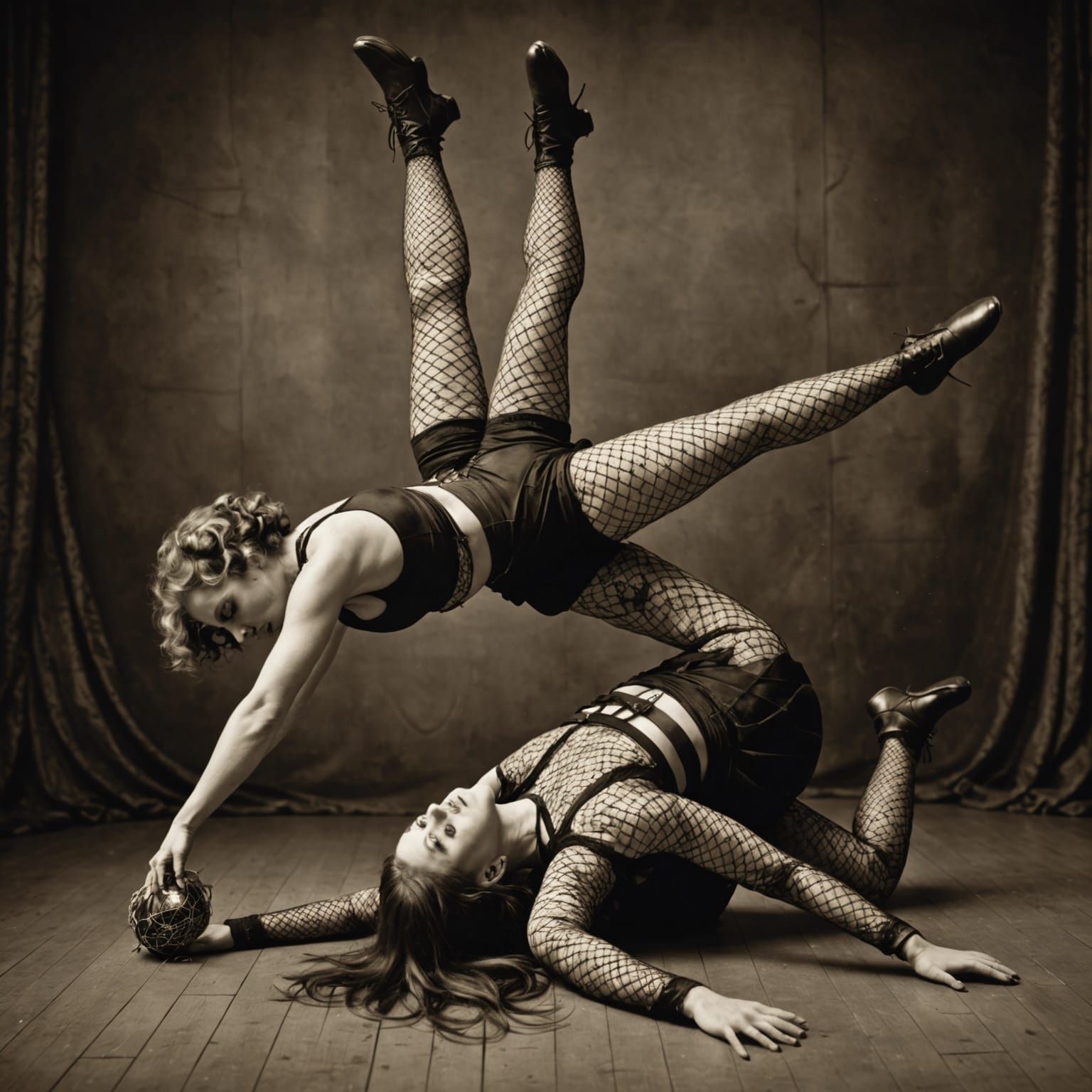 Vintage Sepia Photo of Dancing Contortionist Over Animal