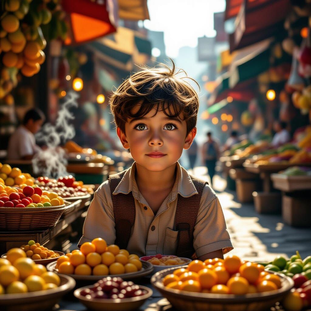 Boy in Bustling Alien Market with Exotic Foods
