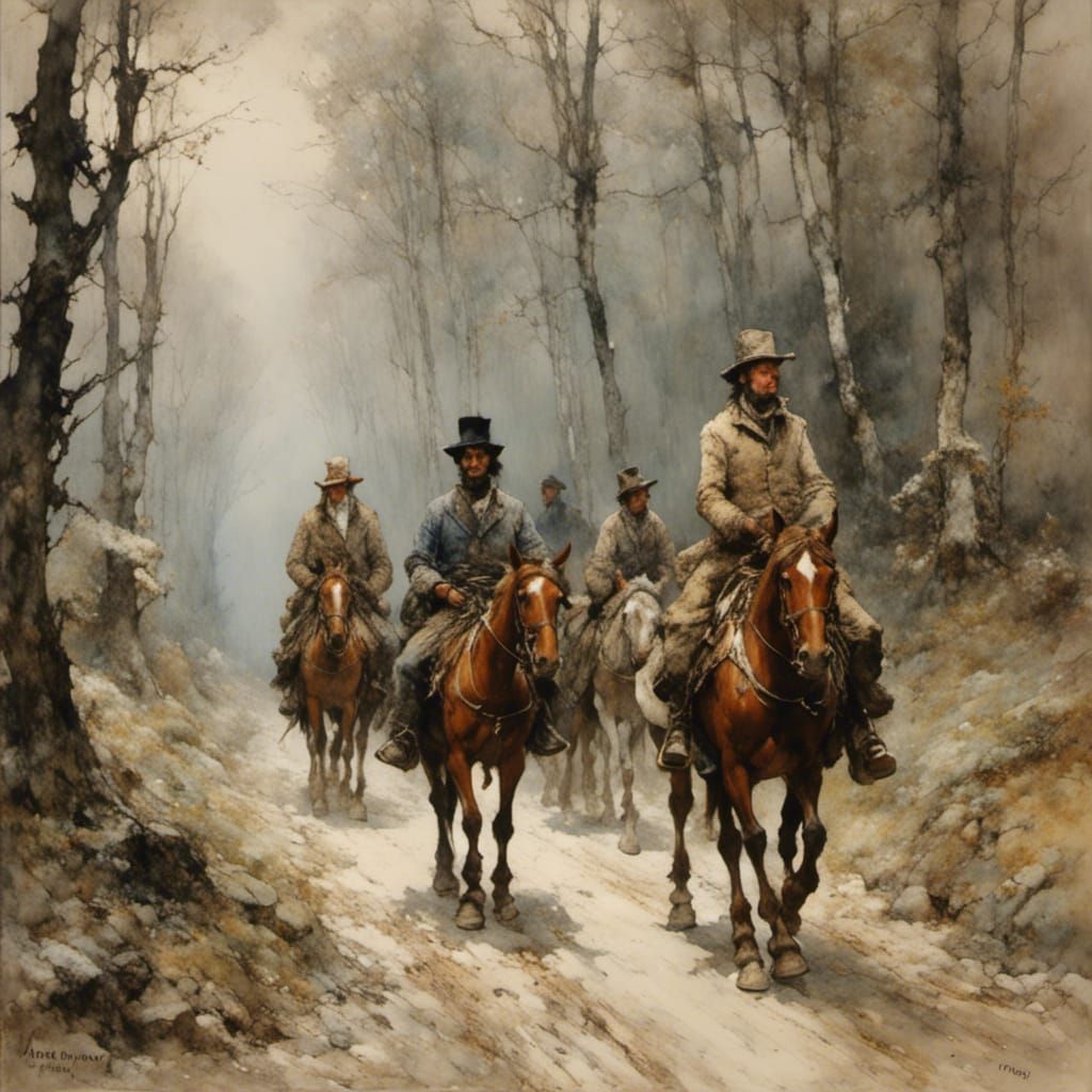 Equestrian Riders in Forest, Oil Painting Style