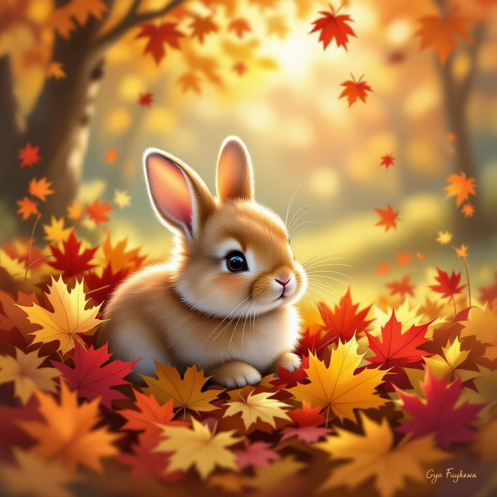 Fluffy Bunny in Autumn Leaves: Storybook Illustration
