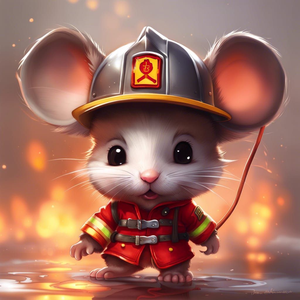 Adorable Chibi Firefighter Mouse, Digital Art
