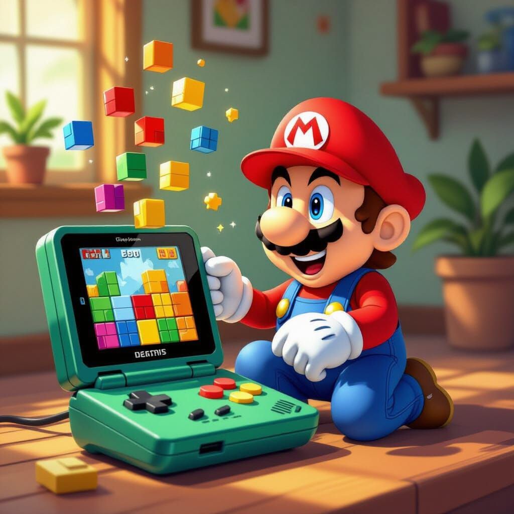 Mario Playing Tetris on Vintage Handheld Console