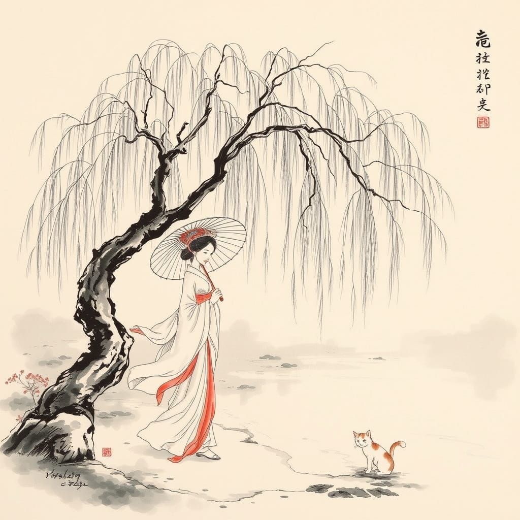 Serene Tang Dynasty Ink Painting of Lady by Stream