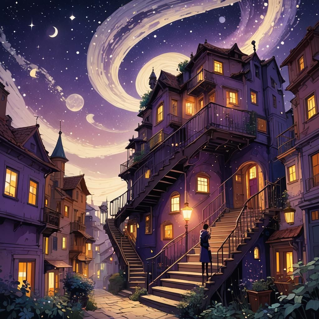 Staircase to the Stars: Dreamlike Digital Illustration