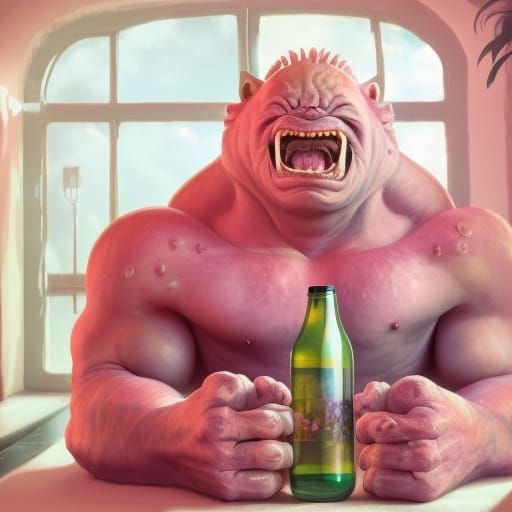 Epic Pink Hulk with Beer and Puppy, Digital Art