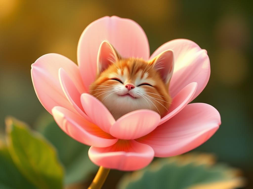 Ginger Cat Head Nestled in Blooming Flower