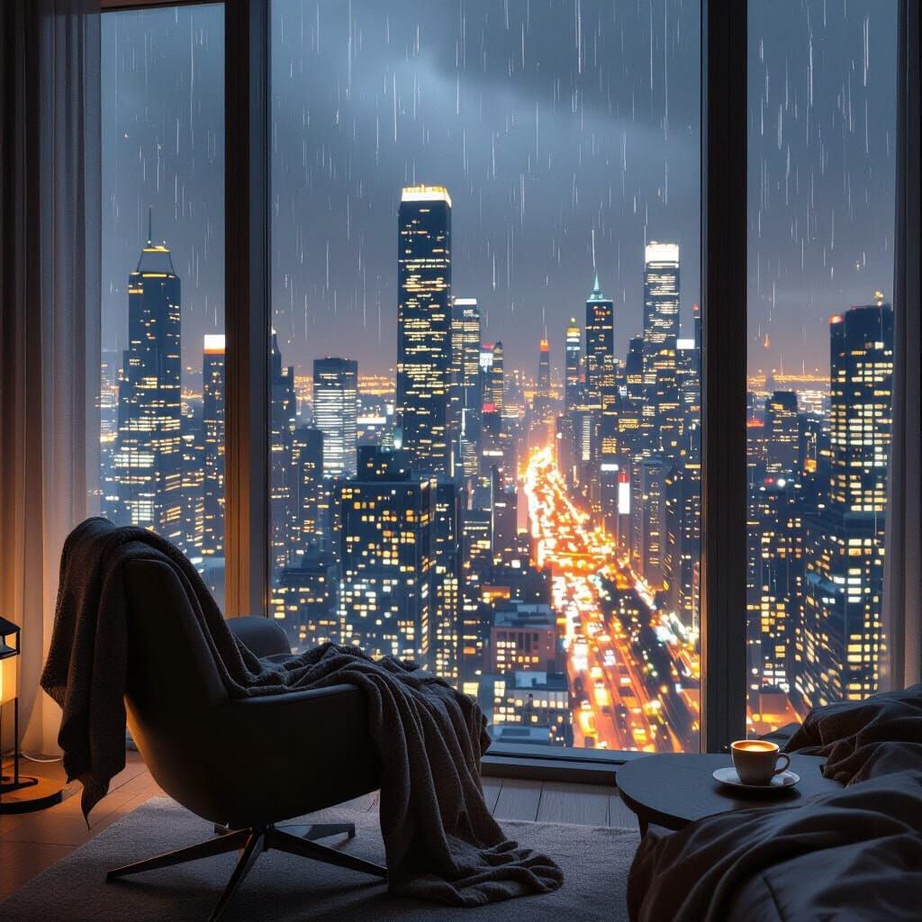 Cozy High-Rise Bedroom with Cityscape View