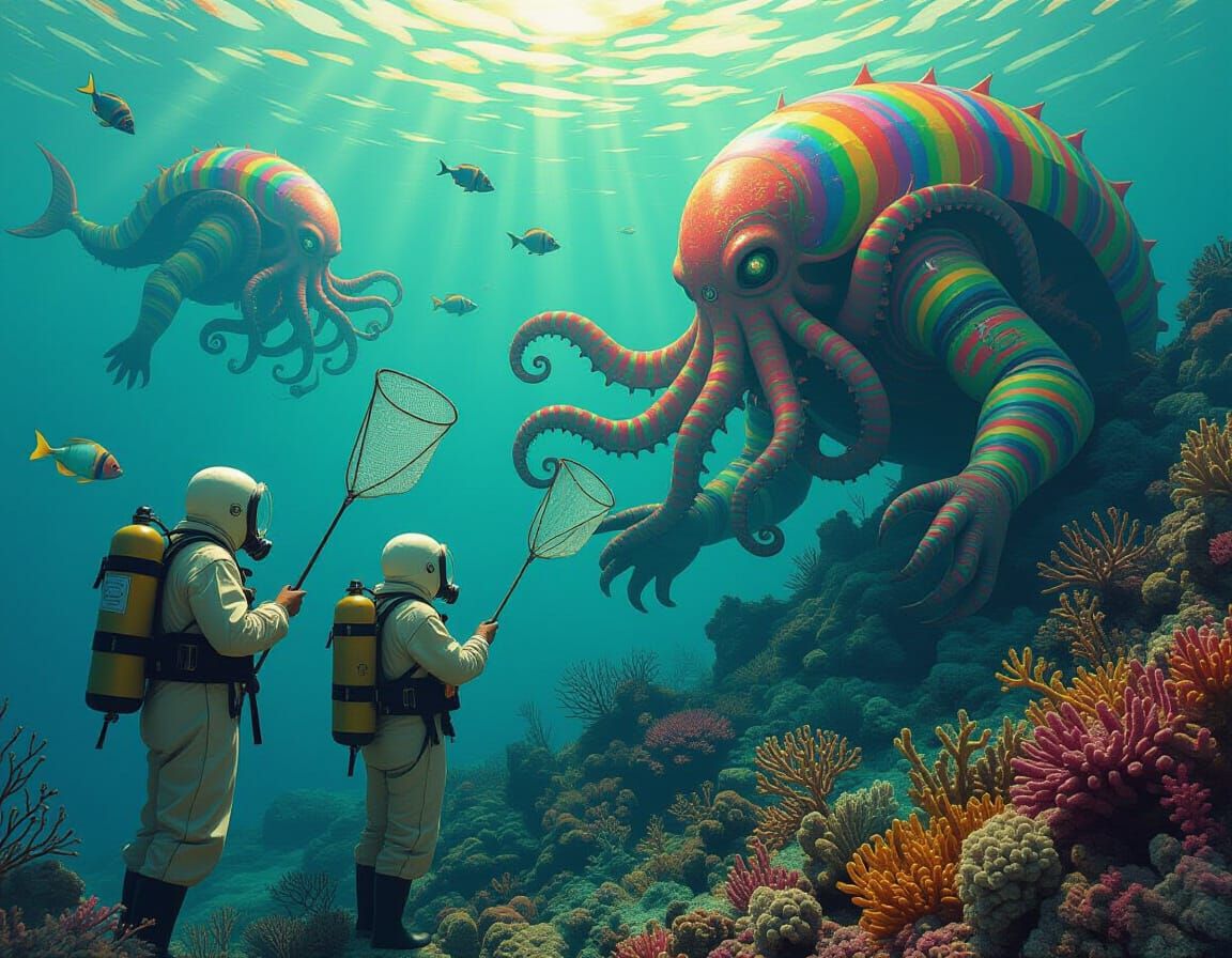 Cambrian Divers Hunted by Cthulhu Worms in Art Nouveau Style