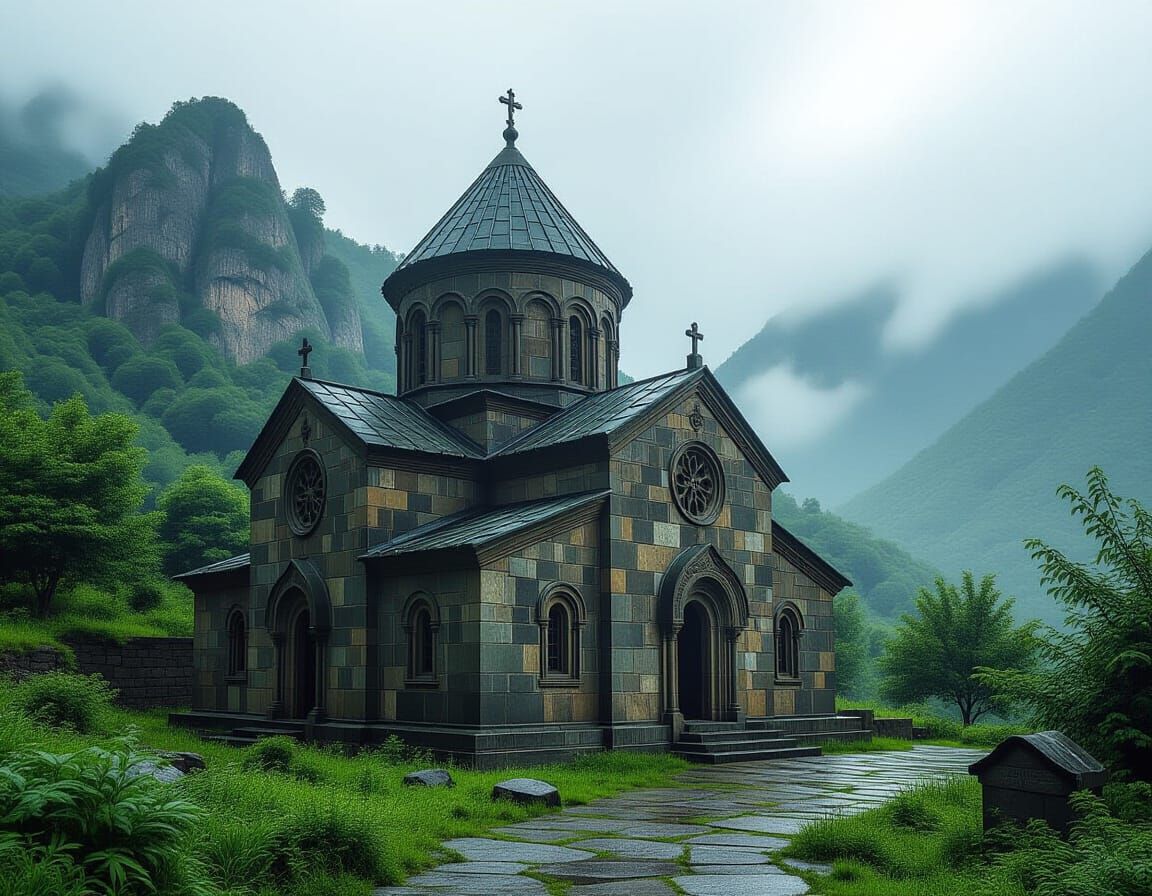 Armenian Church in Rugged Mountains: Surrealist Style