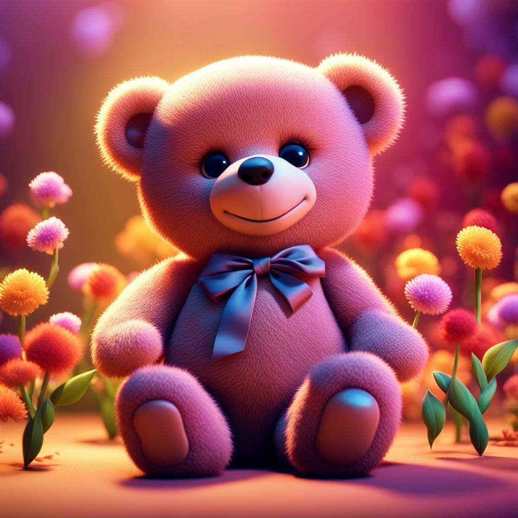 Teddy Bear in Flowery Meadow: Pixar-Style 3D Art