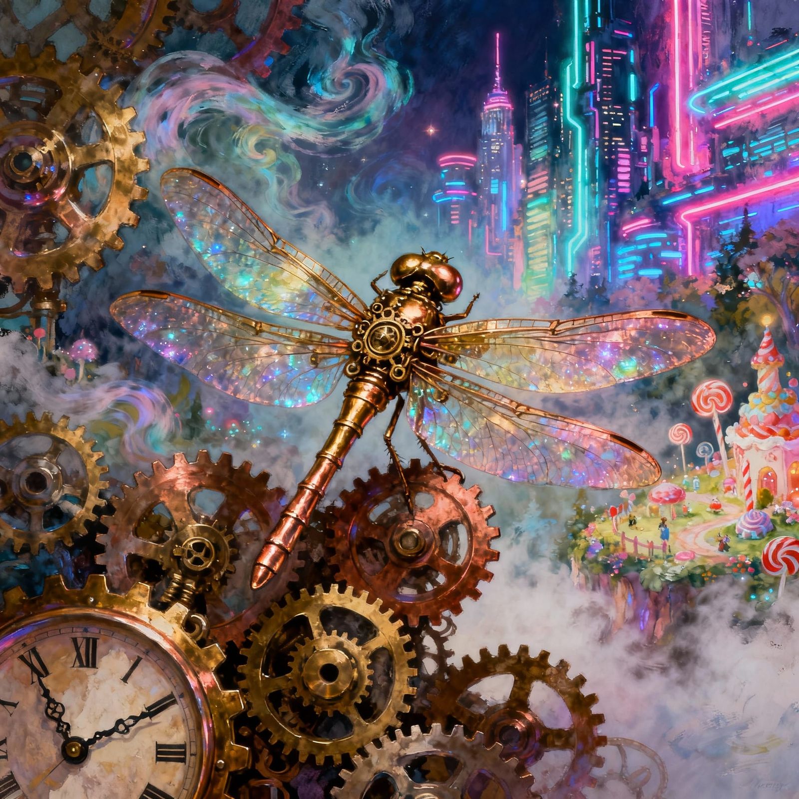 Steampunk Dragonfly Amidst Cyberpunk Gears and Neon Glow