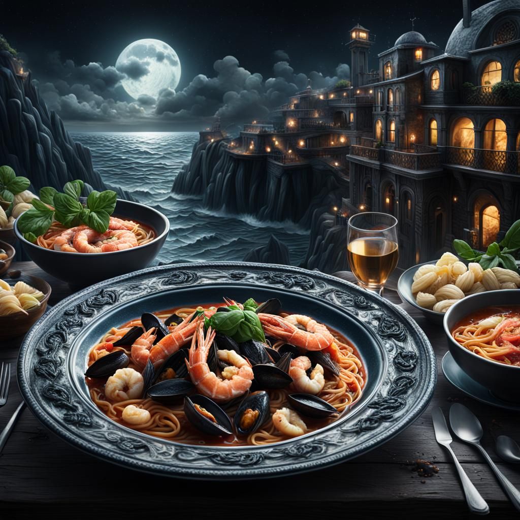 Spaghetti Nero with Seafood Broth: Digital Matte Painting