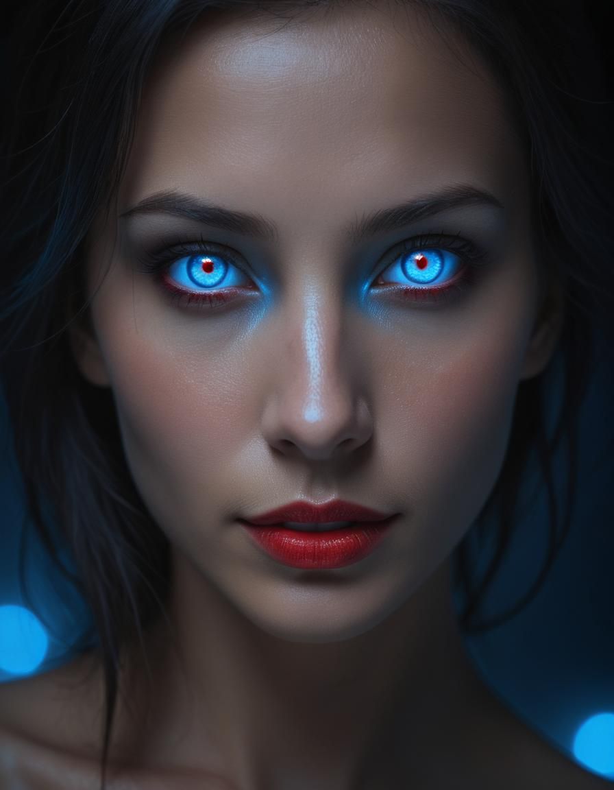 Woman's Face with Red Eyes and Blue Glow