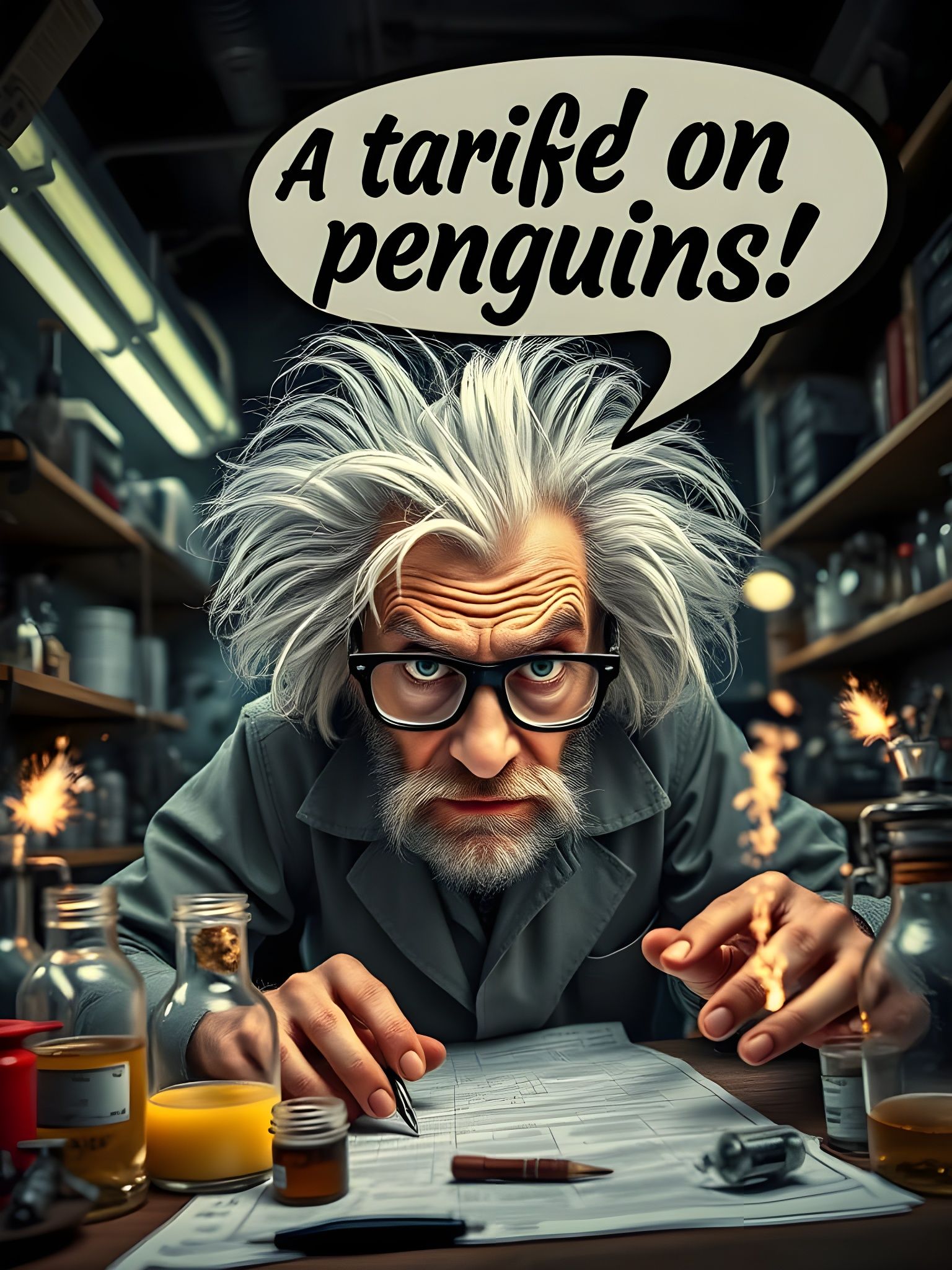 Mad Scientist Concocts Penguin Tariff in a Flash of Genius