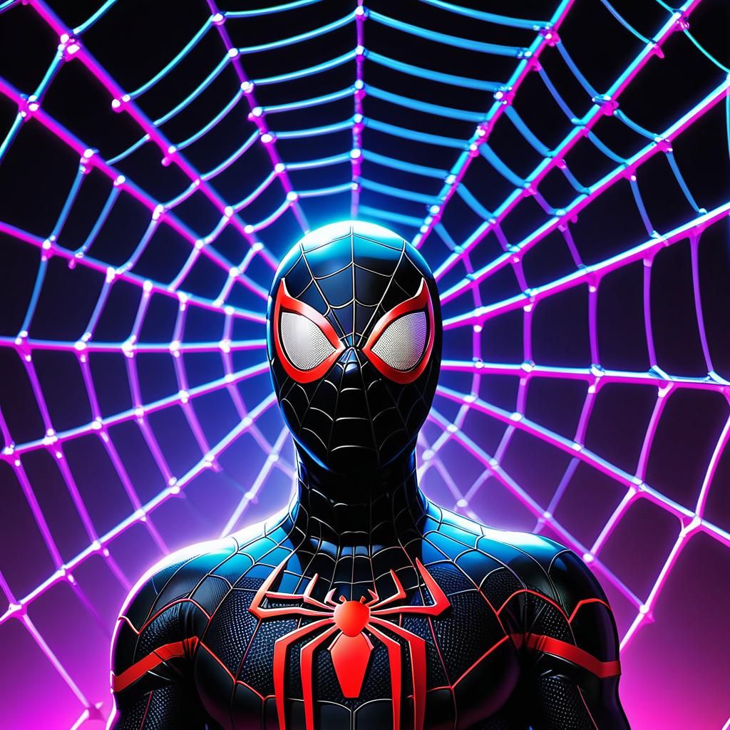 Miles Morales Spider Web Art in Synthwave Neon Style