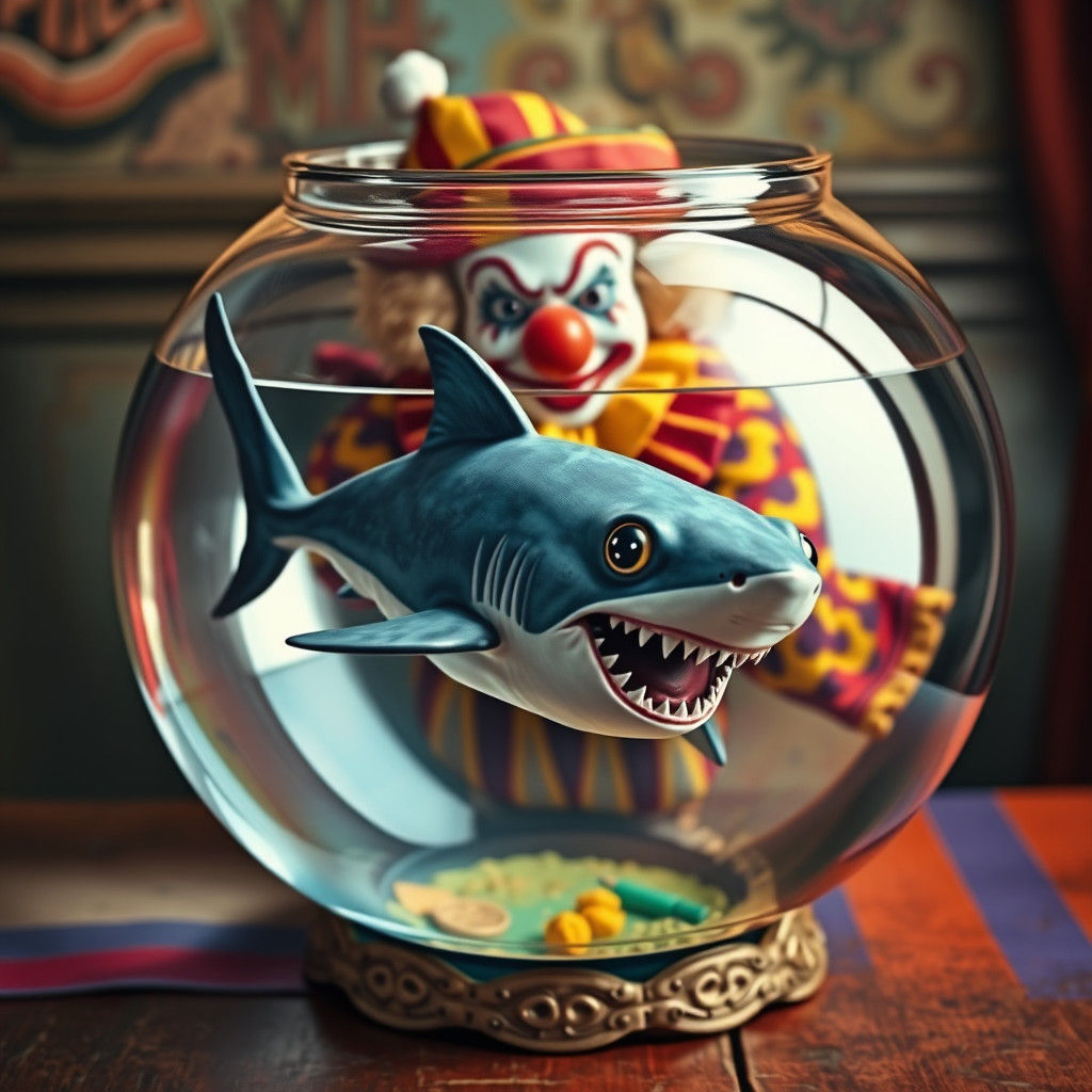 Ornate Fishbowl with Shark and Curious Clown