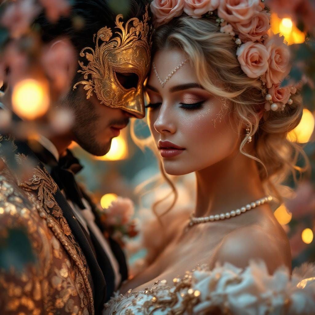 Romantic Masked Couple in Moonlit Garden Portrait