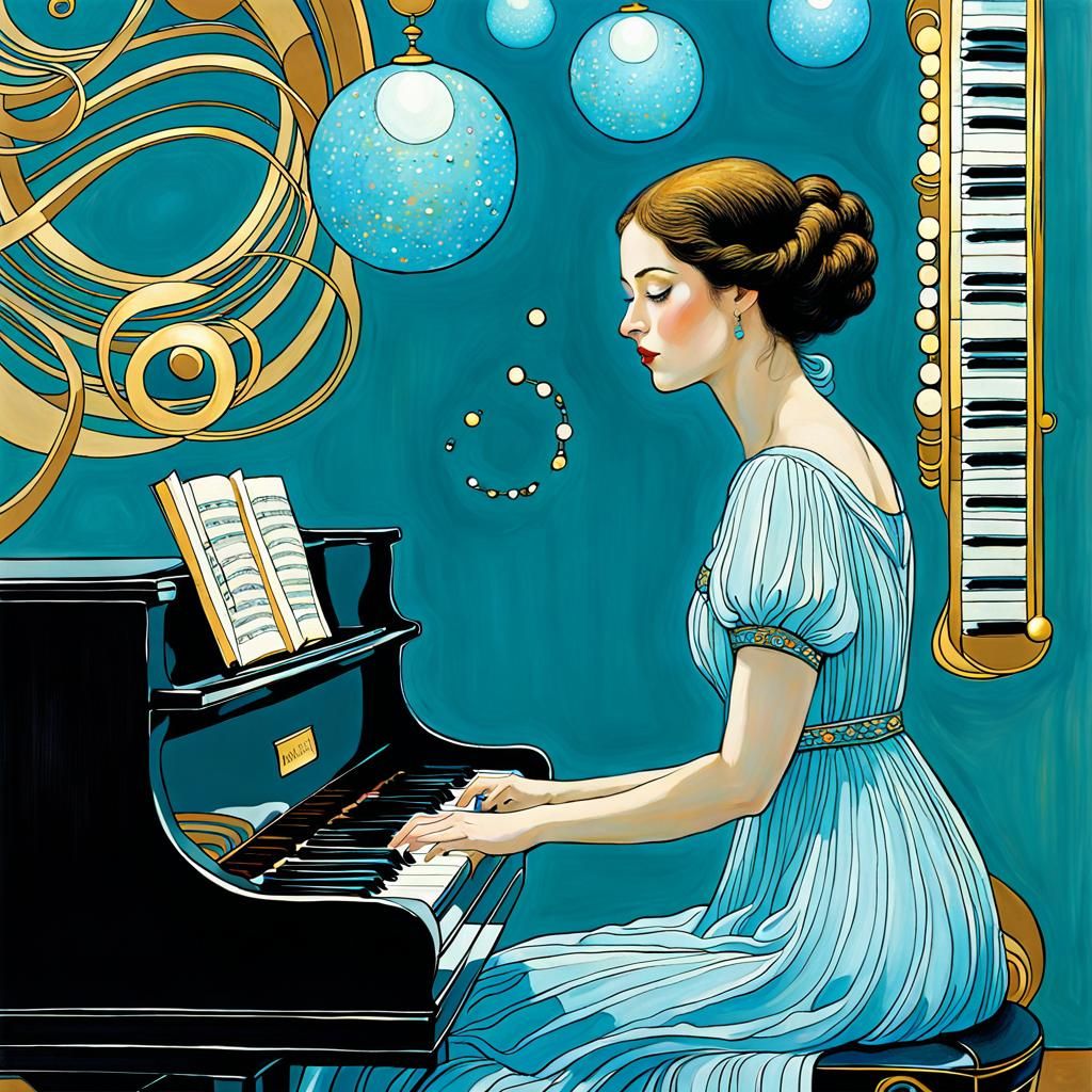 Girl Plays Piano in Art Nouveau Style